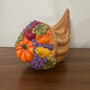 David’s Cookies Cornucopia Cookie Jar Fruits Thanksgiving Wicker Ceramic Rare‎